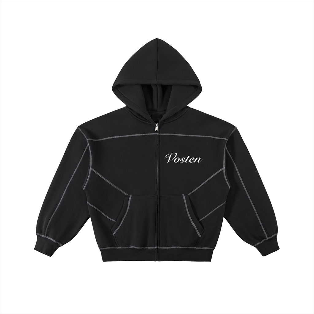 Contrast-Stitched Boxy Fleece Zip Hoodie
